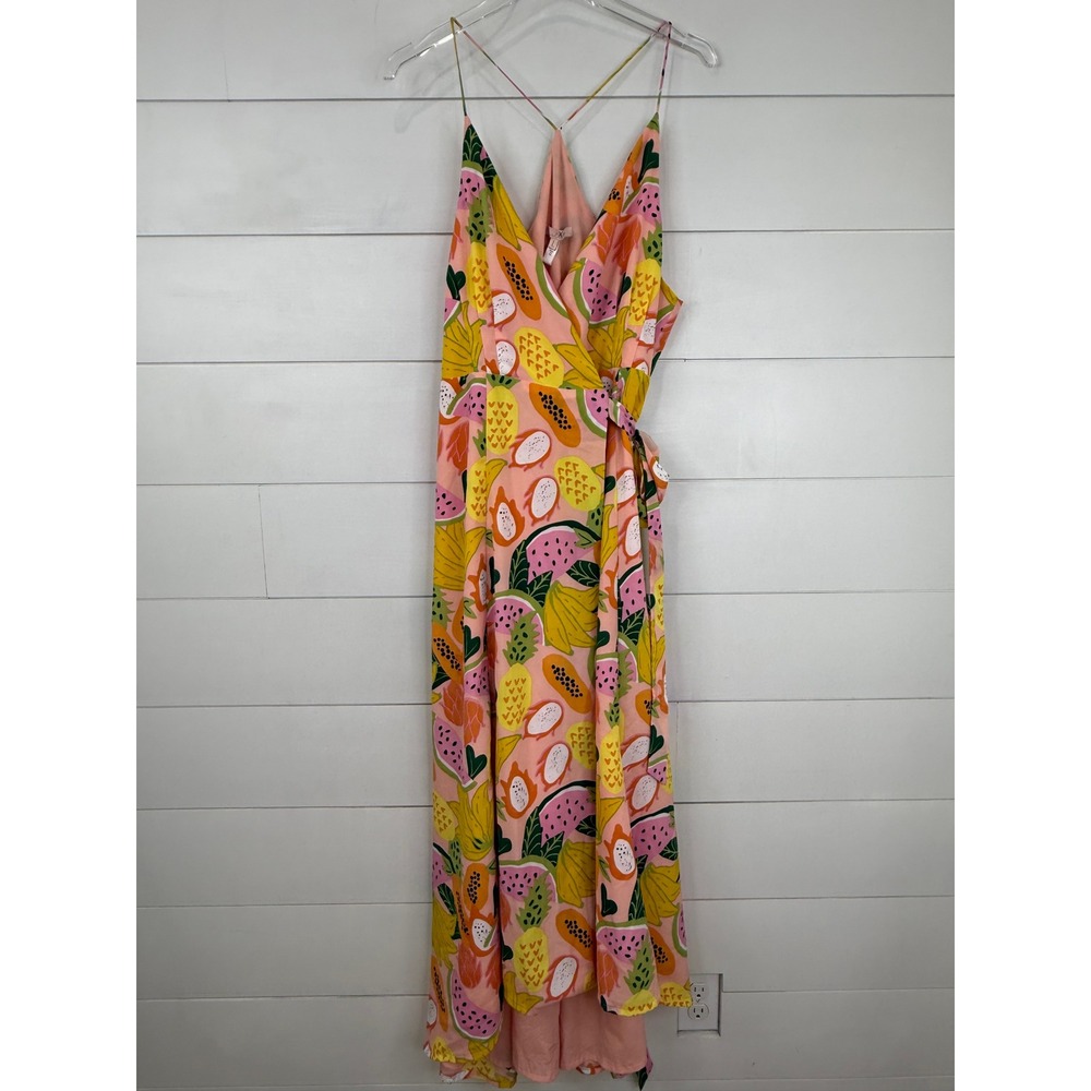 Anthropologie Hutch High-Low Wrap Dress Tropical Fruit Print Pink L - Picture 2 of 9